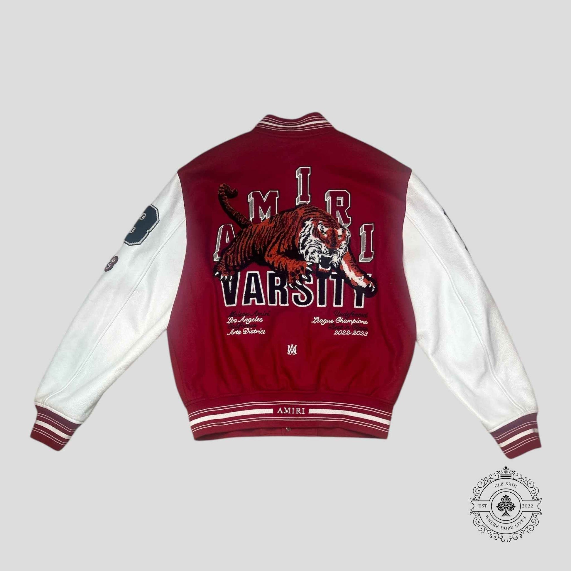 Amiri League of Champions Tiger Patch Varsity Jacket in Red/White