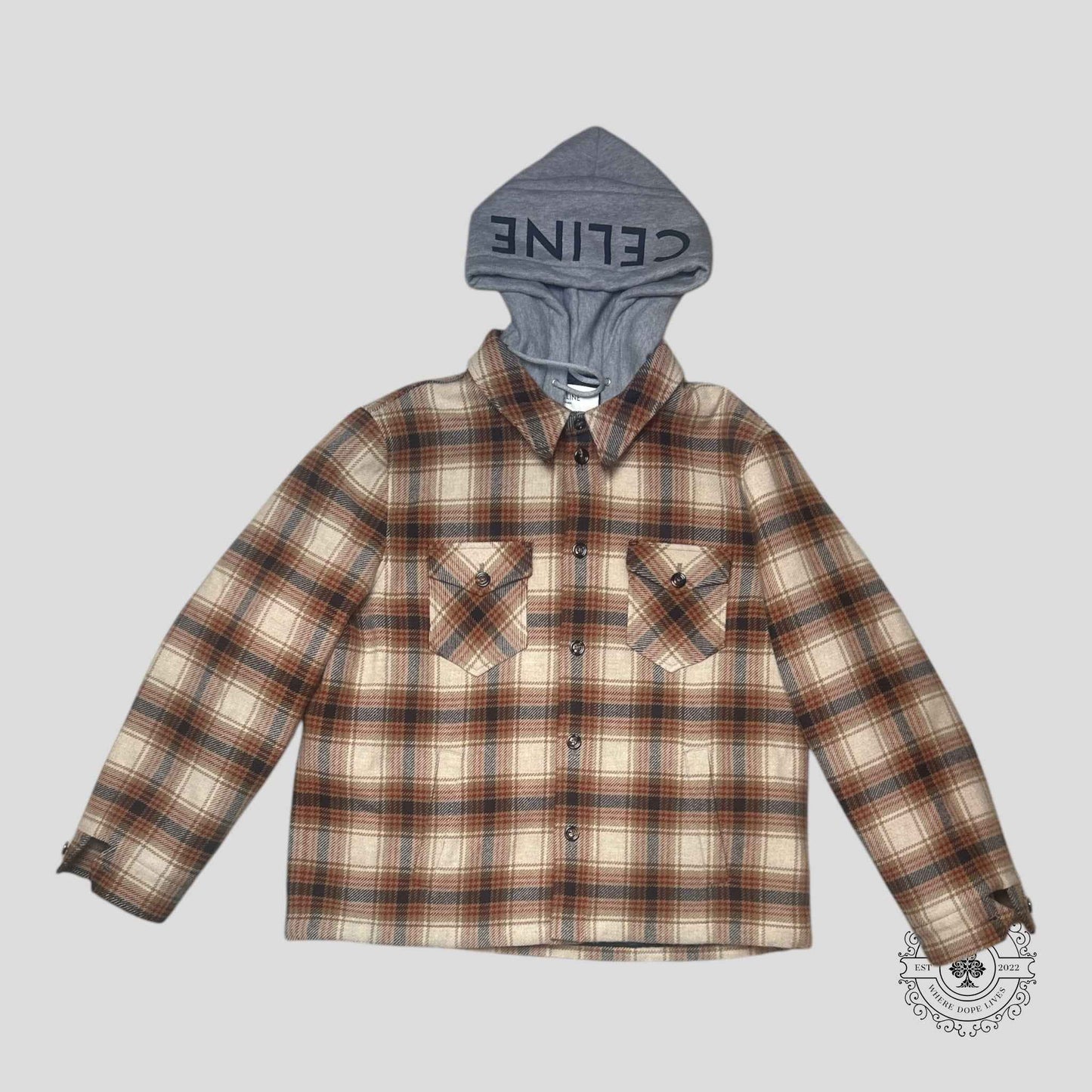 Celine Logo Hoodie Checkered Wool Hooded Overshirt in Brown/Black/Red