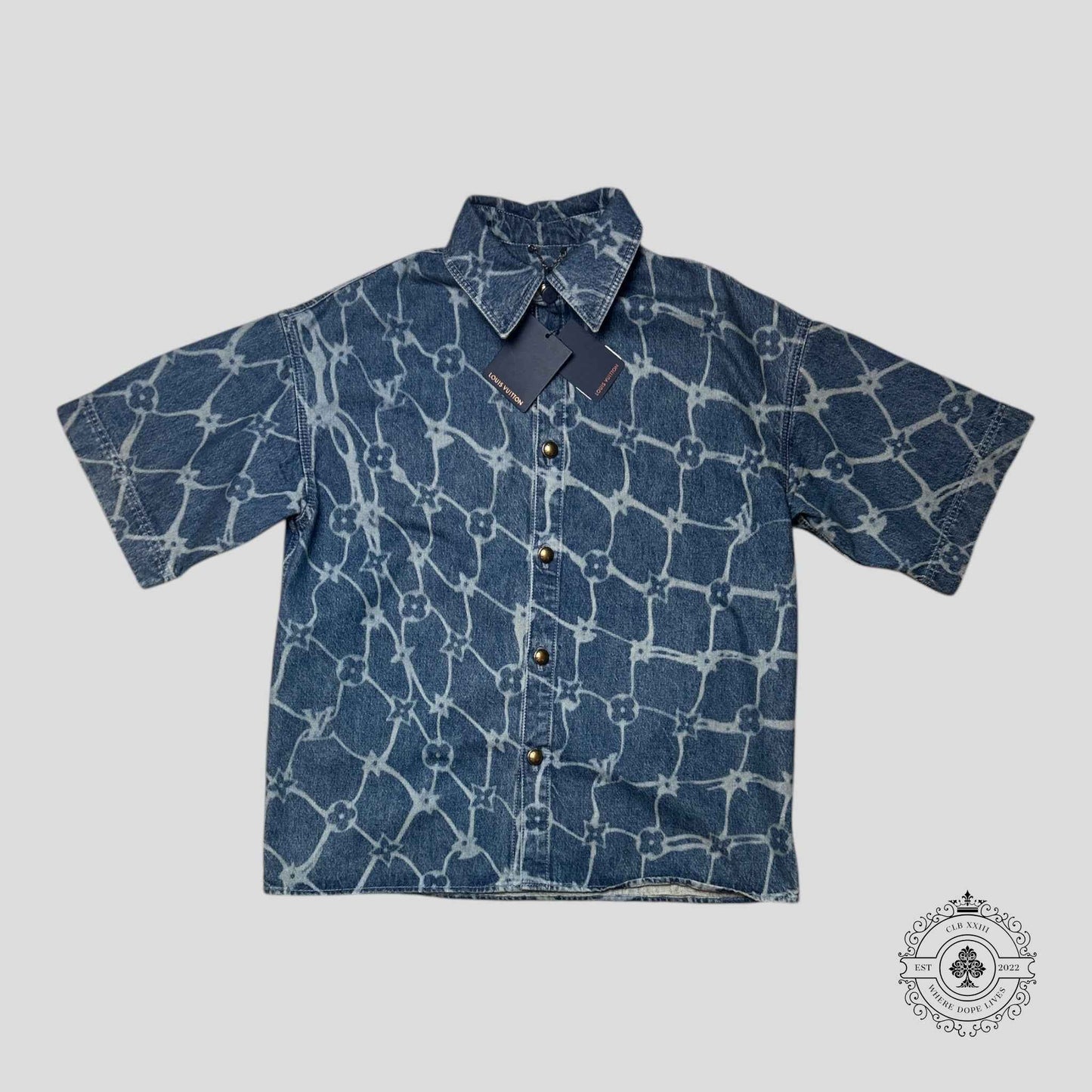 Louis Vuitton Fishnet Monogram Button Up Denim Shirt in Medium Wash