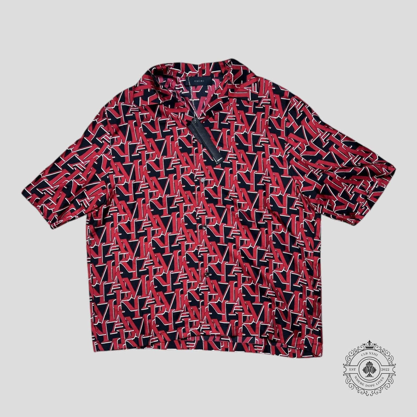 Amiri Staggered Logo Silk Button Up Bowling Shirt in Red/Black