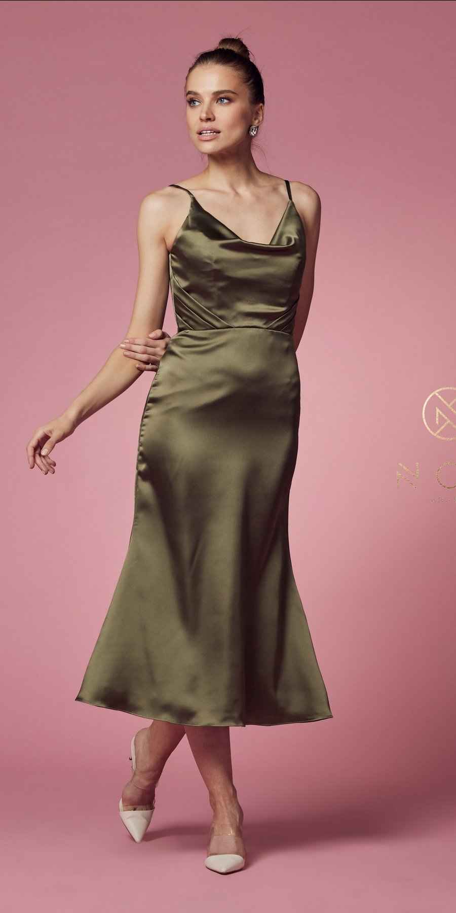 Nox Anabel R1027 Tea Midi-Length Formal Gown with Cowl Neckline