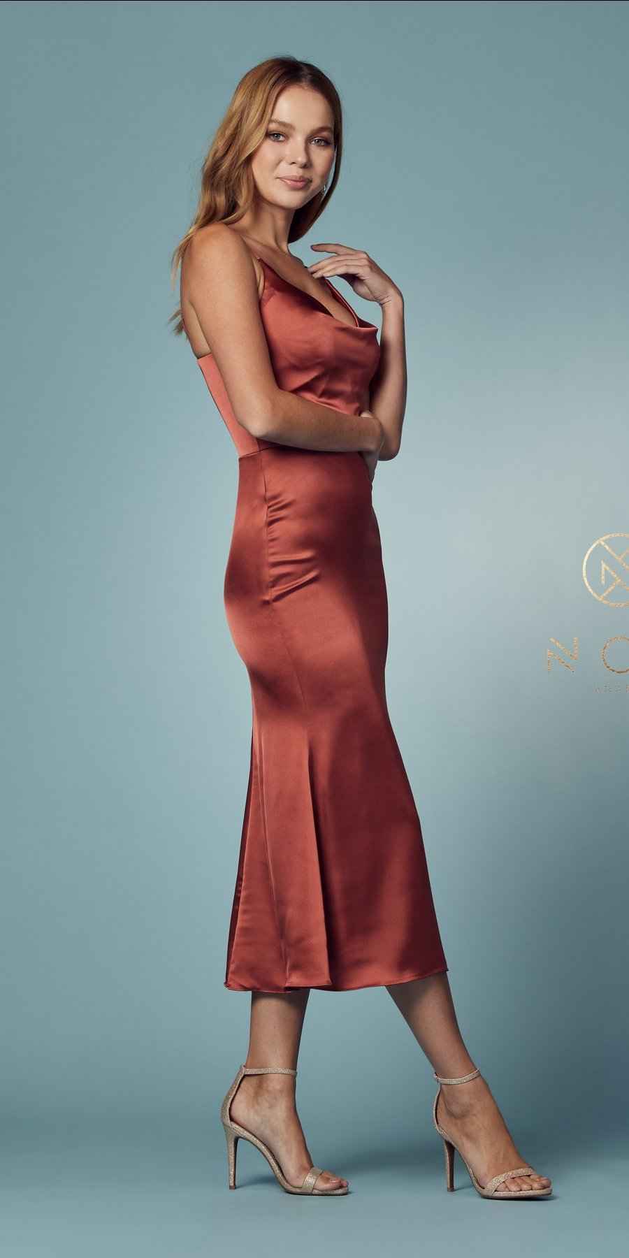 Nox Anabel R1027 Tea Midi-Length Formal Gown with Cowl Neckline