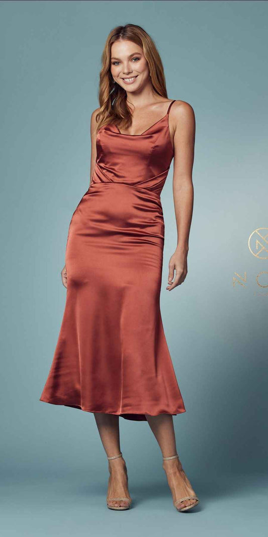 Nox Anabel R1027 Tea Midi-Length Formal Gown with Cowl Neckline