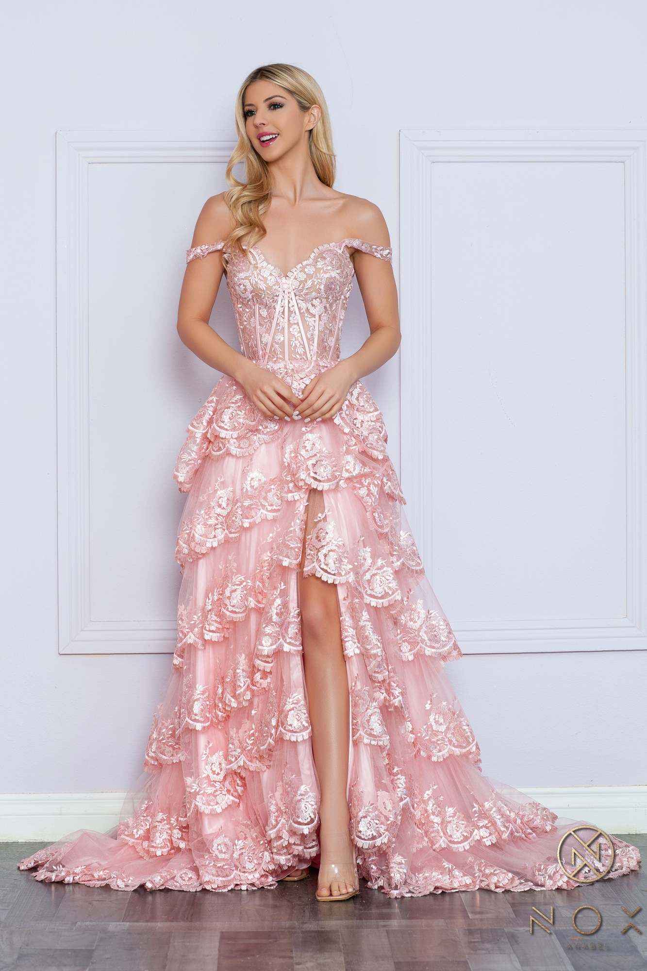 Nox Anabel R1299 Long Off the Shoulder Tiered Skirt A-Line Formal Gown