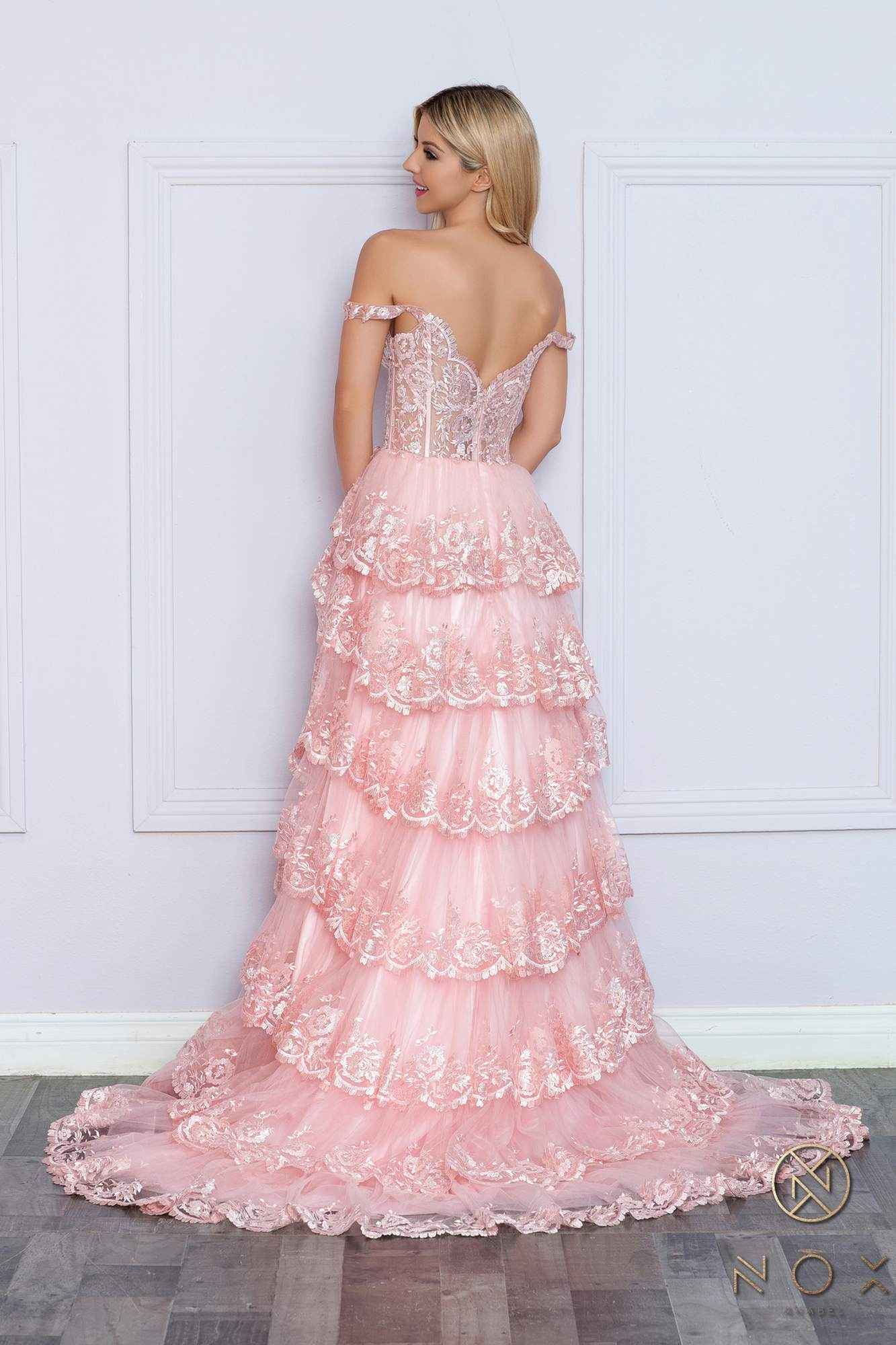 Nox Anabel R1299 Long Off the Shoulder Tiered Skirt A-Line Formal Gown