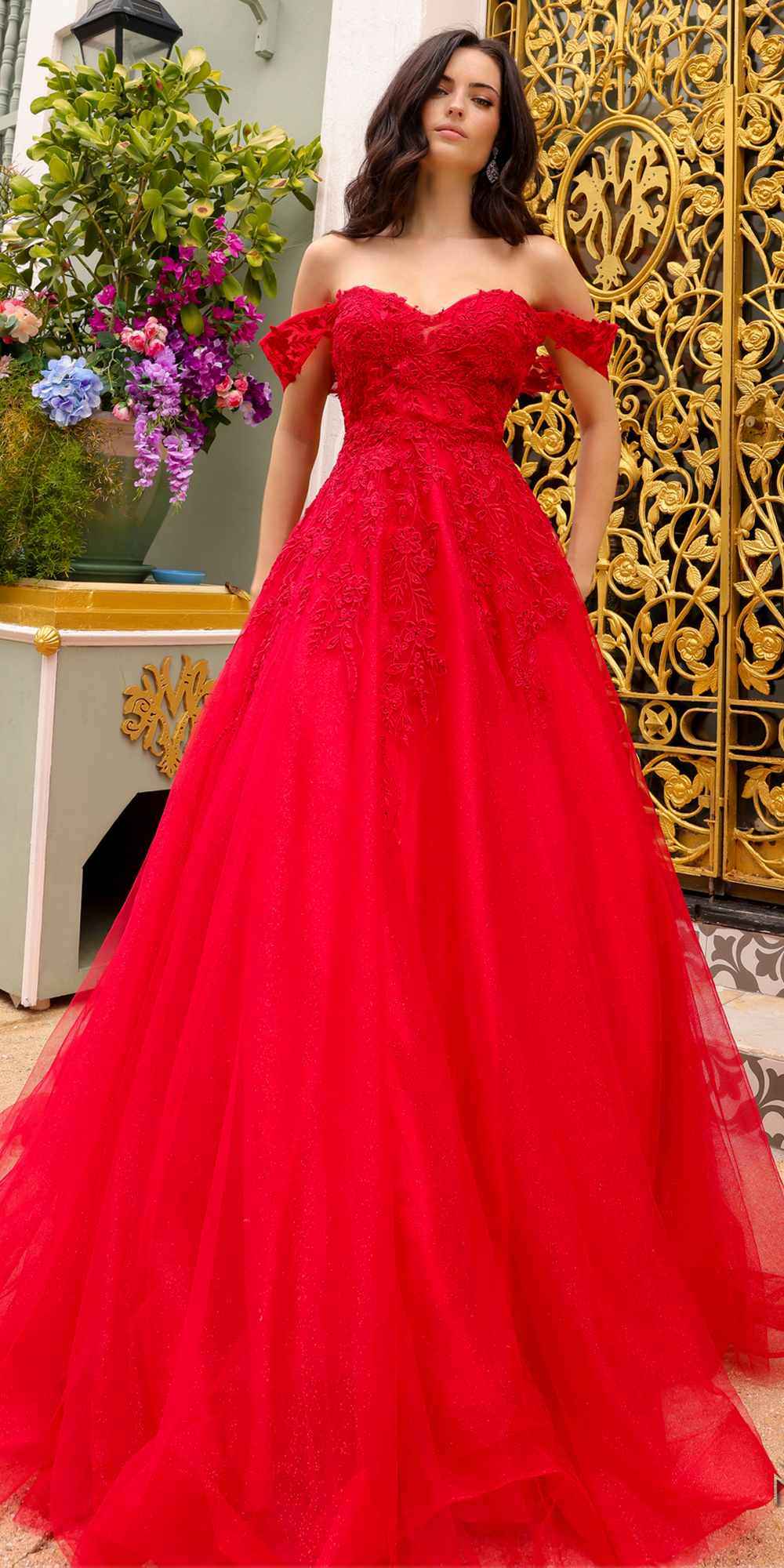 Nox Anabel R1303 Long Off the Shoulder Sweetheart Tulle A-Line Gown