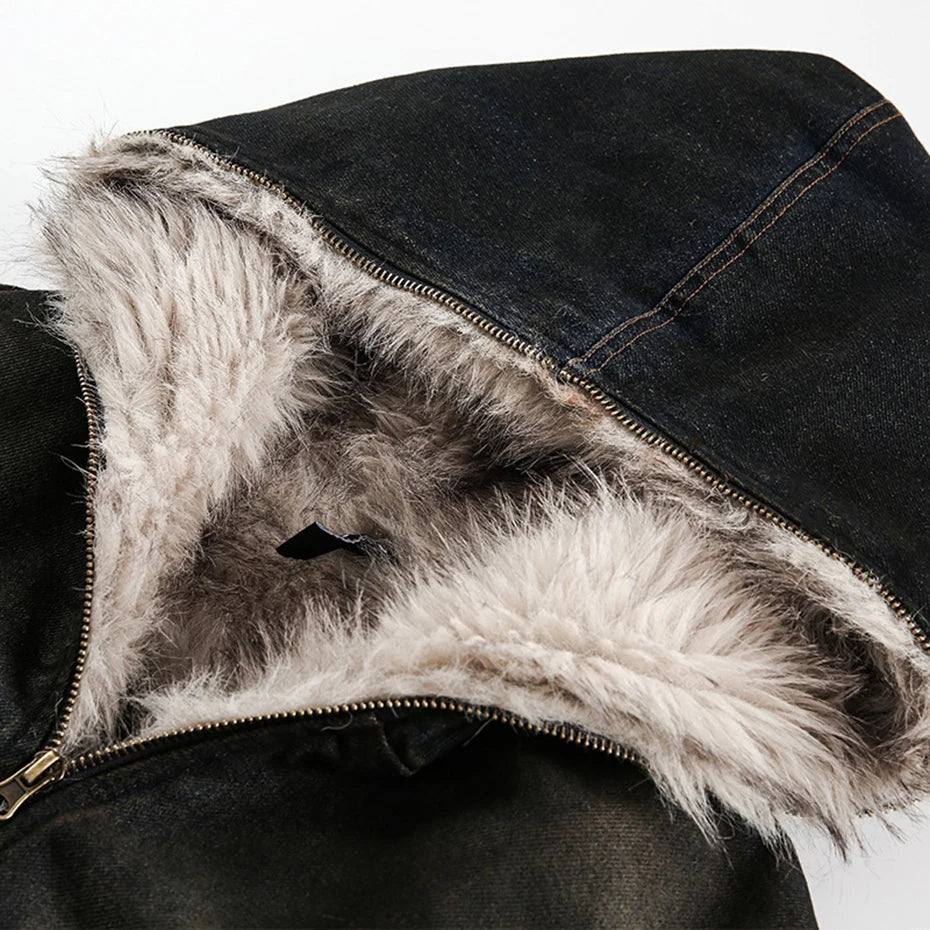 Coal Black Washed Fur Hooded Jacket