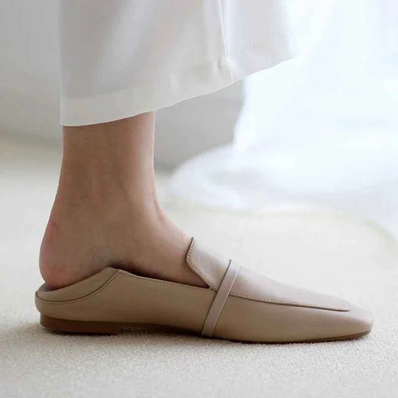 Cow Leather Square Toe Women Flats Casual Loafers Women Shoe Without Heel 2025 New Spring Autumn Mules Woman Simple White Shoes