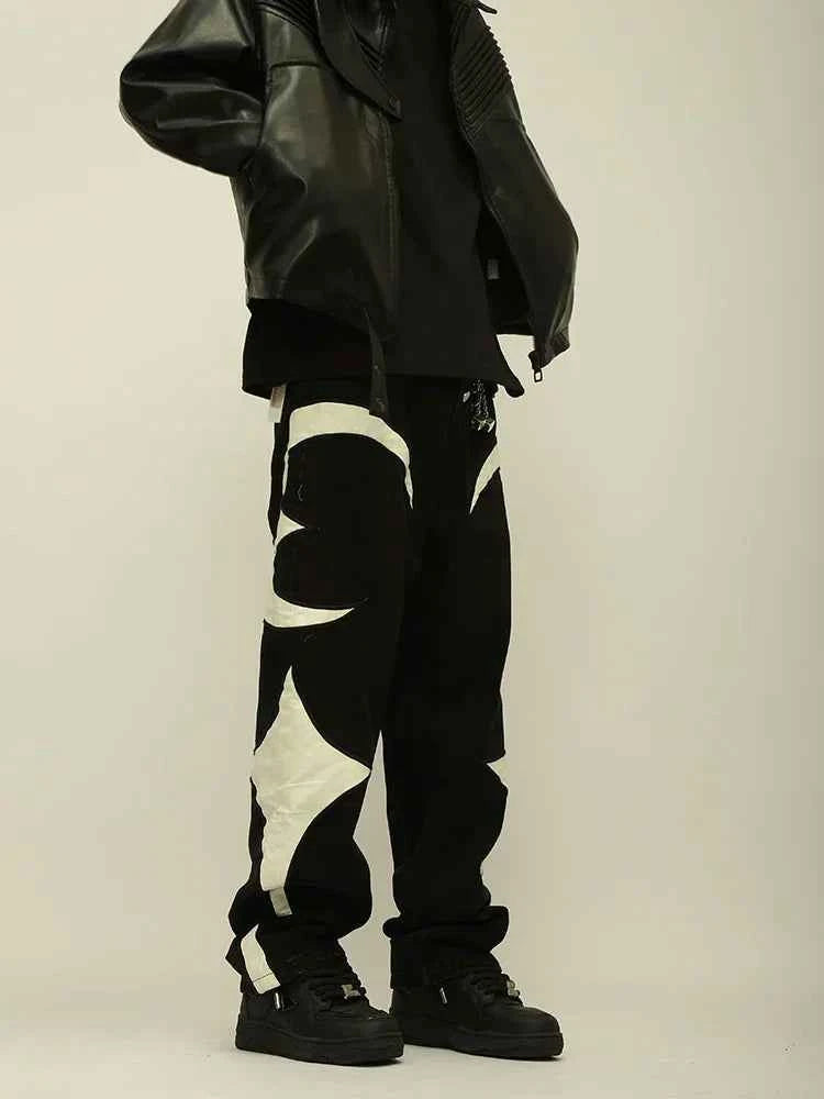 Crescent Embroidery Patchwork Baggy Pants