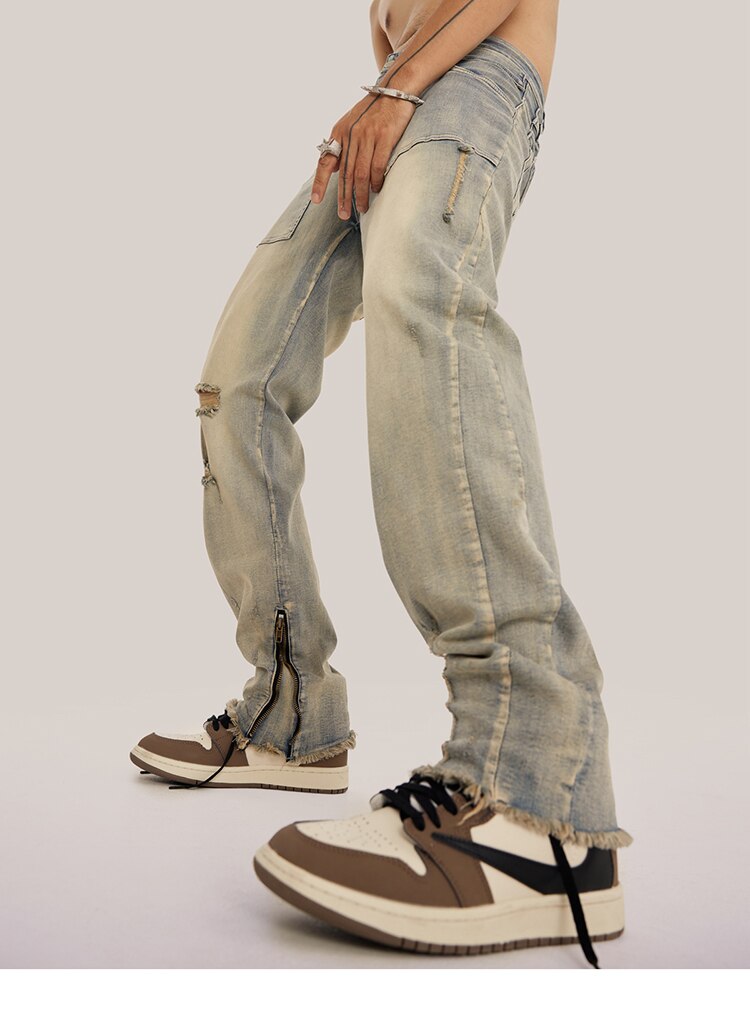 Retro Distressed Ankle Zipper Style Pants