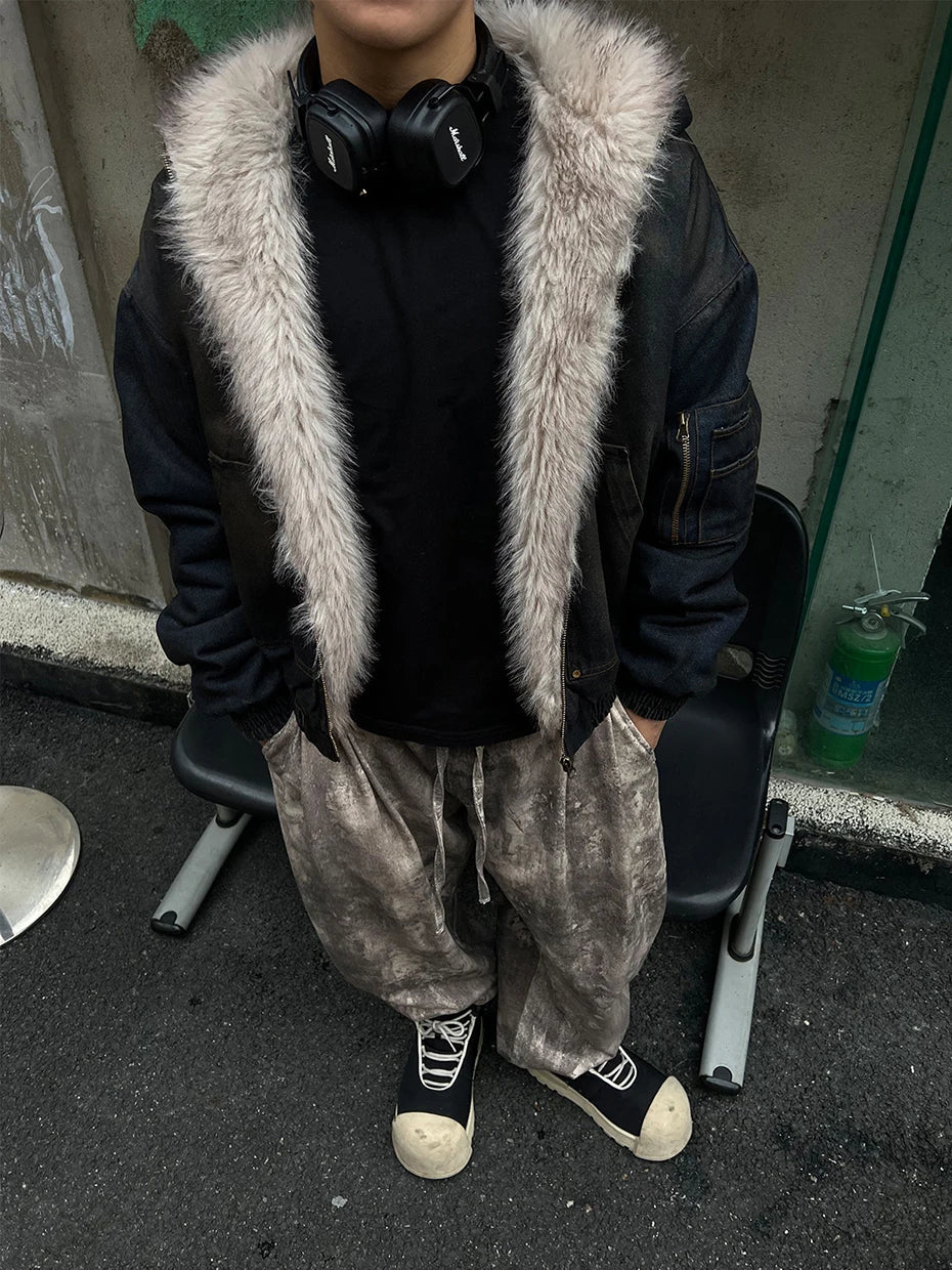 Coal Black Washed Fur Hooded Jacket