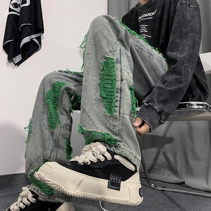 Denim Streetwear Ripped Patches Pants