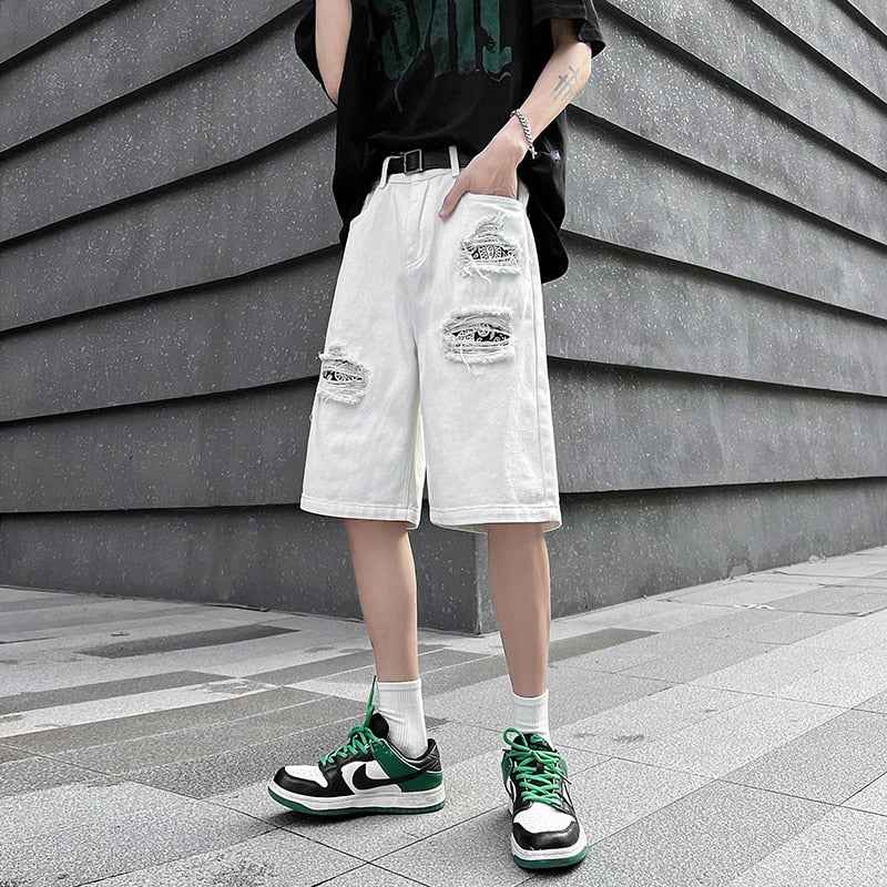 Ripped Hole Patchwork Knee Length Shorts