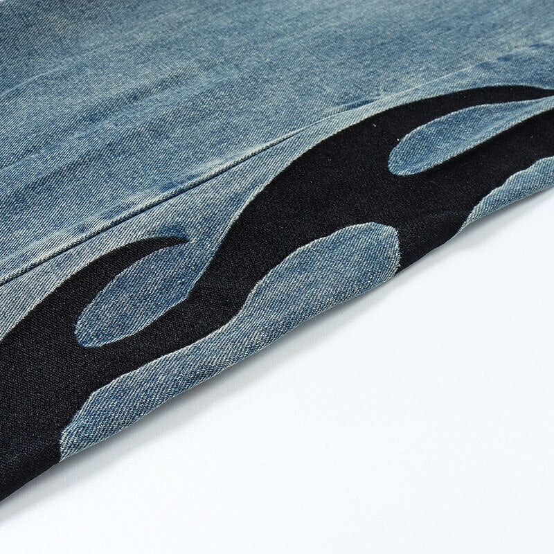 HTH Flame Embroidery Blue Denim Pants