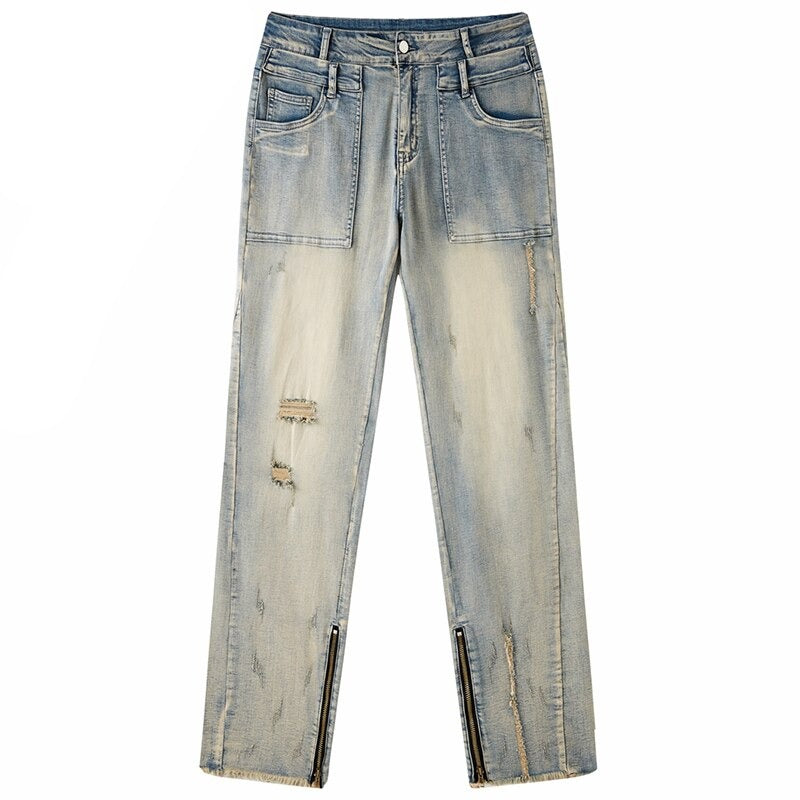 Retro Distressed Ankle Zipper Style Pants