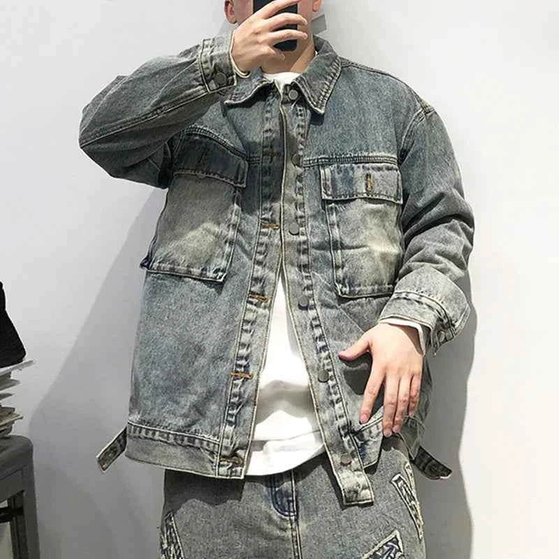 Tied Die Lapel Button Up Jean Jacket
