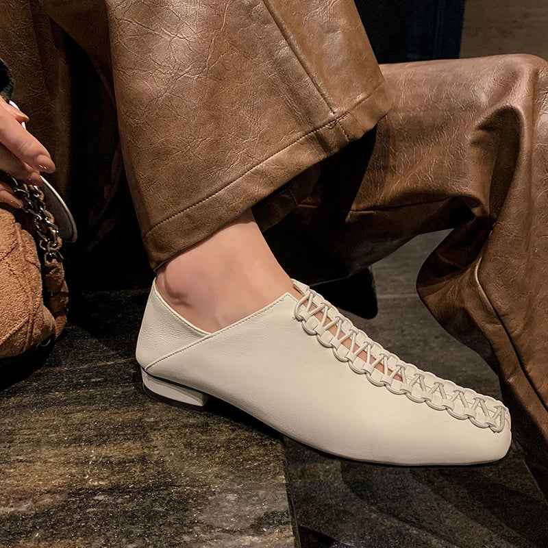 2025 Spring Summer New Women Low Heel Square Toe Basic Casual Working Comfortable Flats Soft Genuine Leather Shoes Woman Concise
