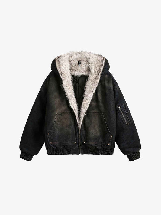 Coal Black Washed Fur Hooded Jacket