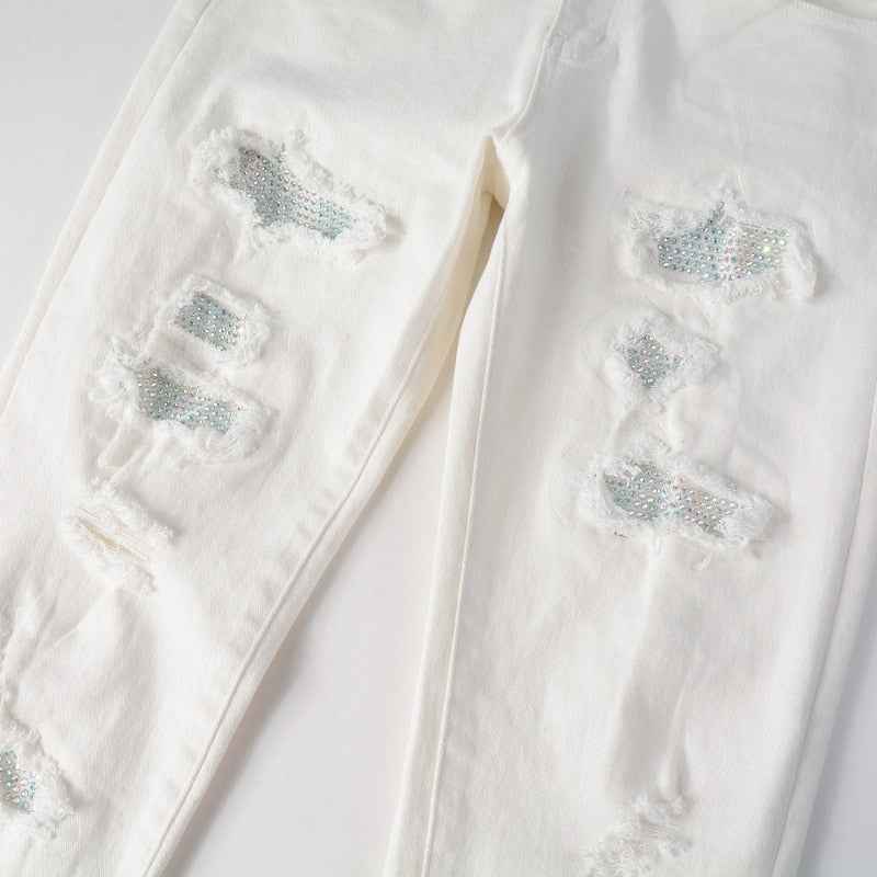 White Distressed Rhinestone Slim Jeans