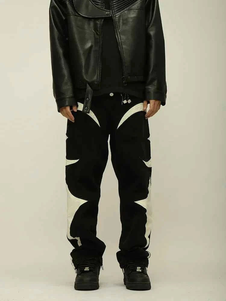 Crescent Embroidery Patchwork Baggy Pants