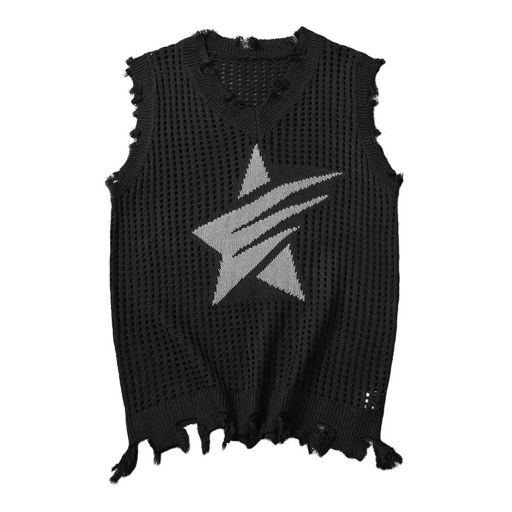 Solid Star Knitted Ripped Vest