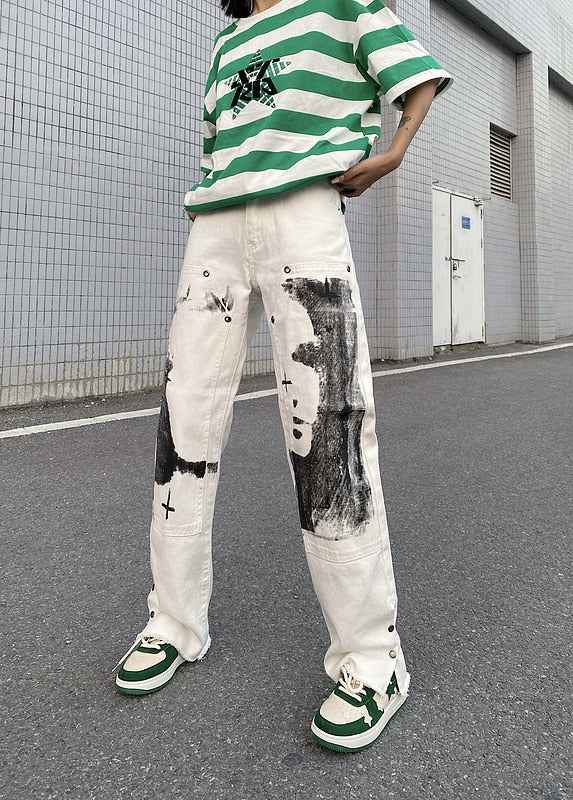 Herringbone Graffiti Print White Straight Jeans