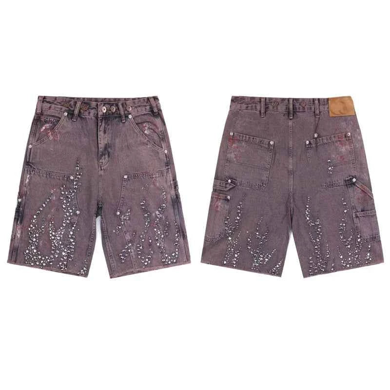 Fire Diamond Denim Rhinestone Graphic Short
