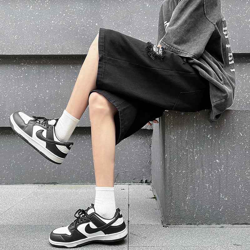 Ripped Hole Patchwork Knee Length Shorts