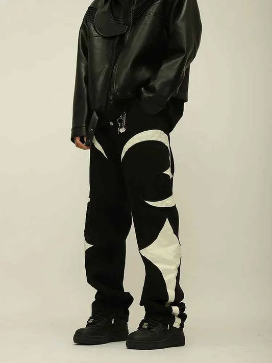 Crescent Embroidery Patchwork Baggy Pants