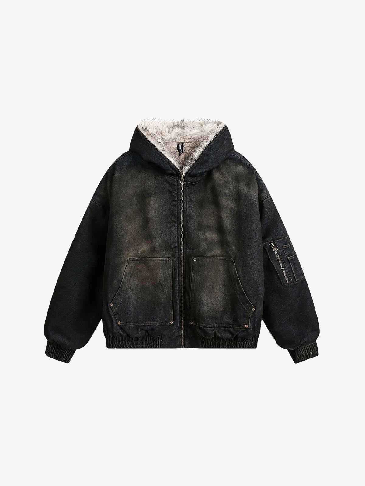 Coal Black Washed Fur Hooded Jacket