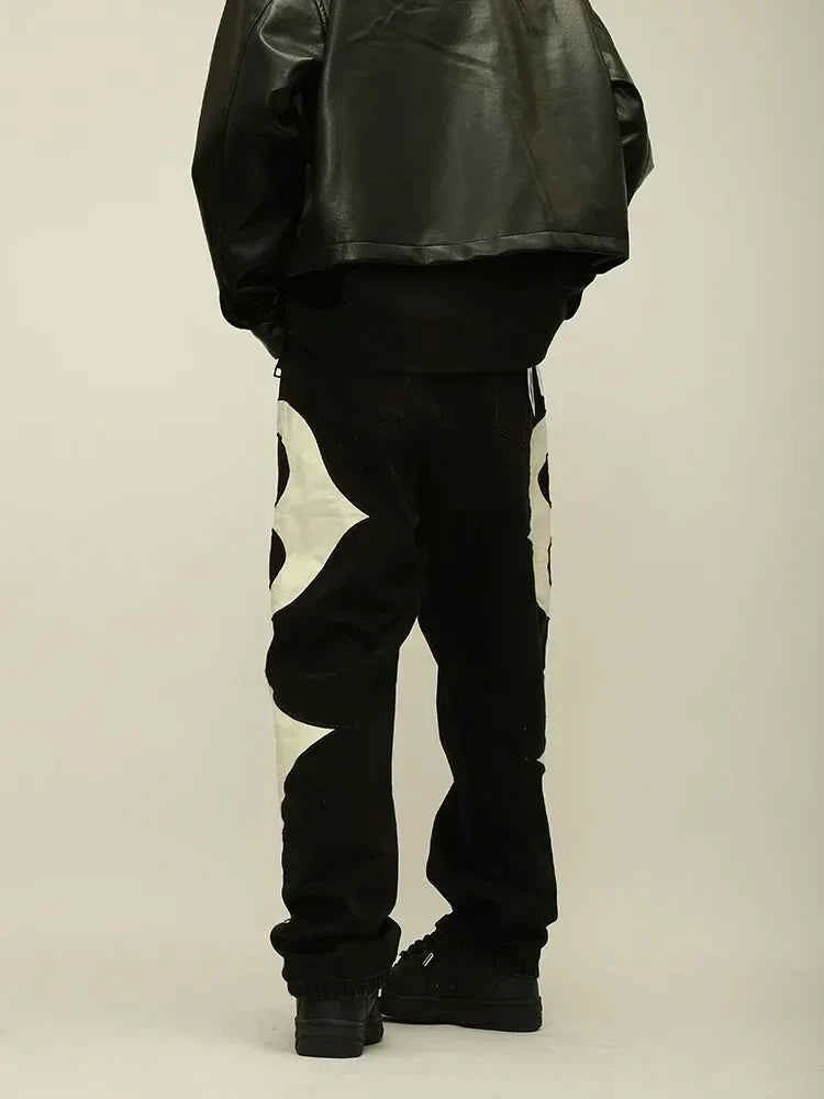 Crescent Embroidery Patchwork Baggy Pants