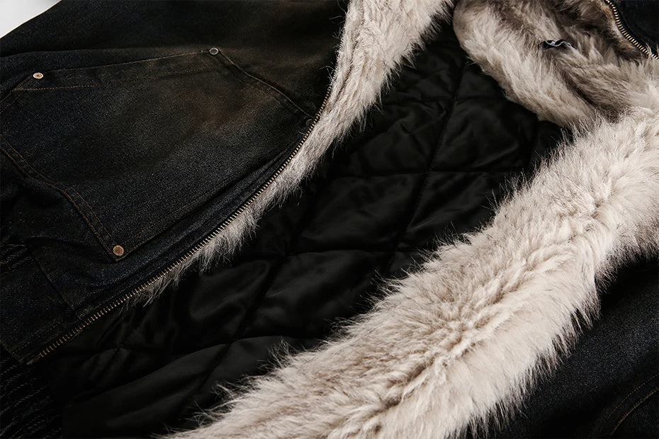 Coal Black Washed Fur Hooded Jacket