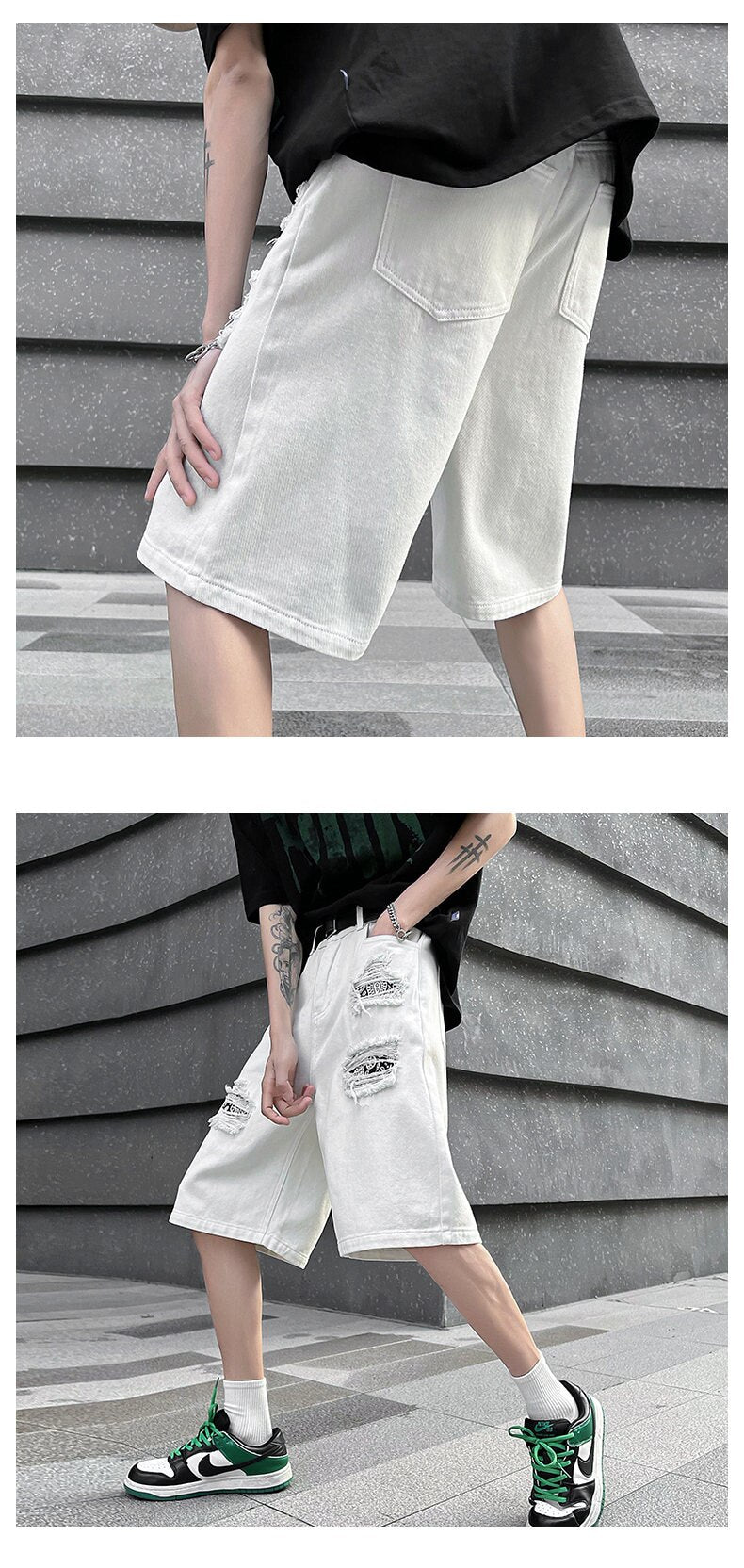 Ripped Hole Patchwork Knee Length Shorts