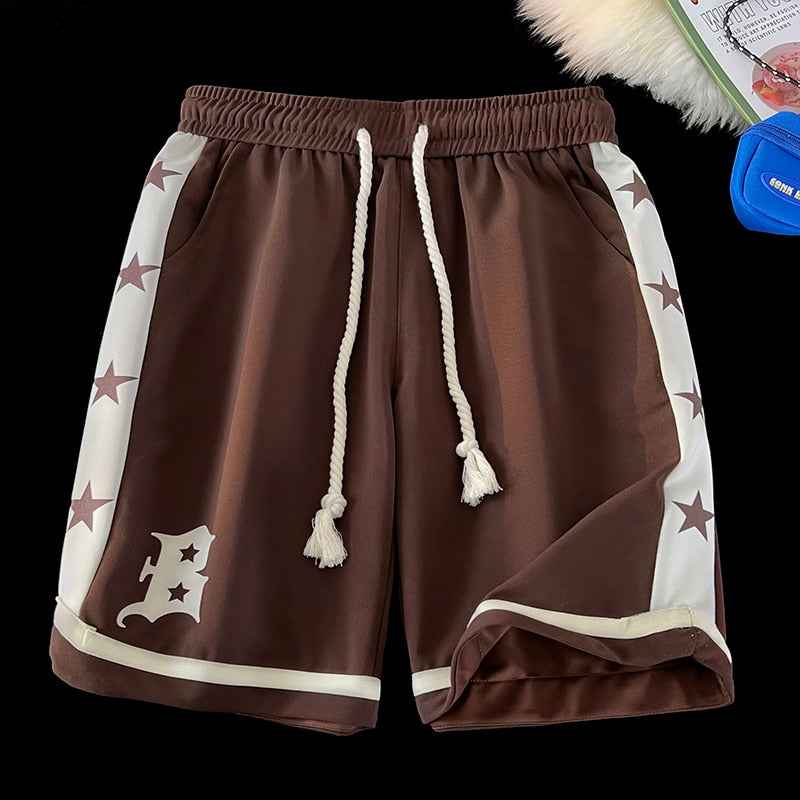 B Letter Drawstring Stars Patchwork Shorts