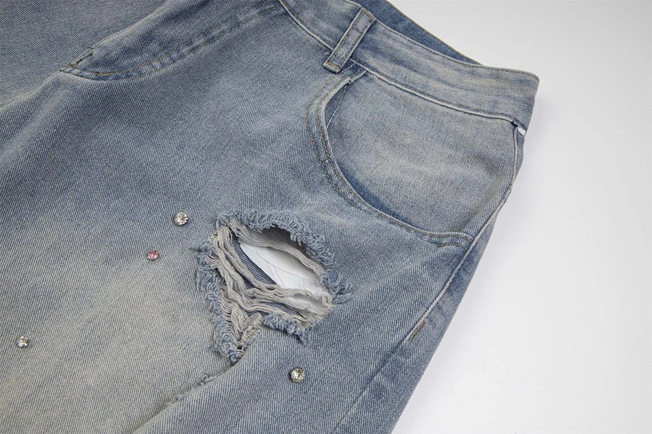 Rhinestone Denim Ripped Shorts