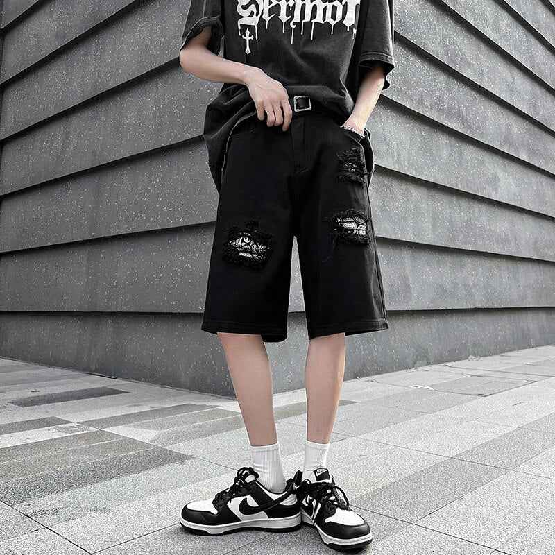 Ripped Hole Patchwork Knee Length Shorts