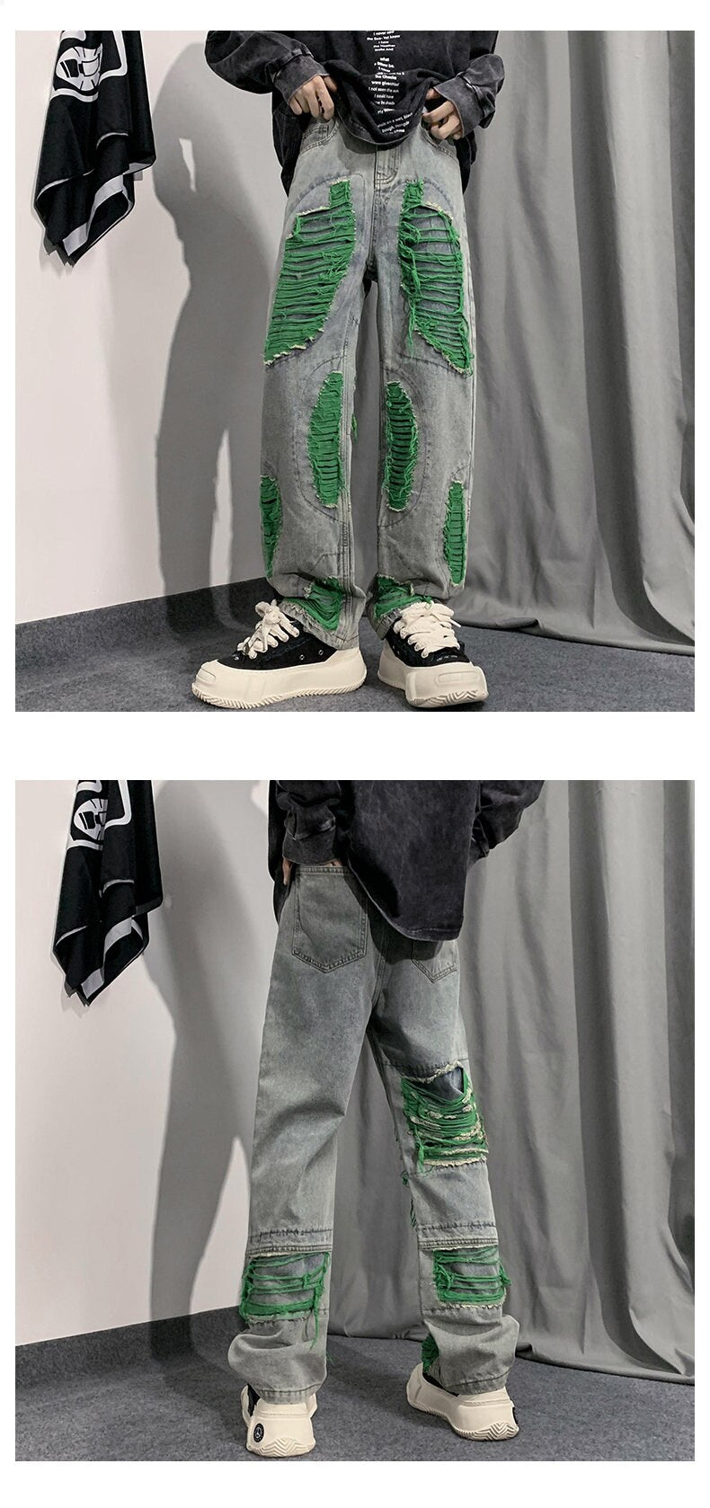Denim Streetwear Ripped Patches Pants