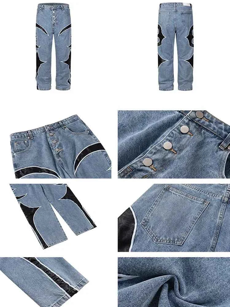 Crescent Embroidery Patchwork Baggy Pants