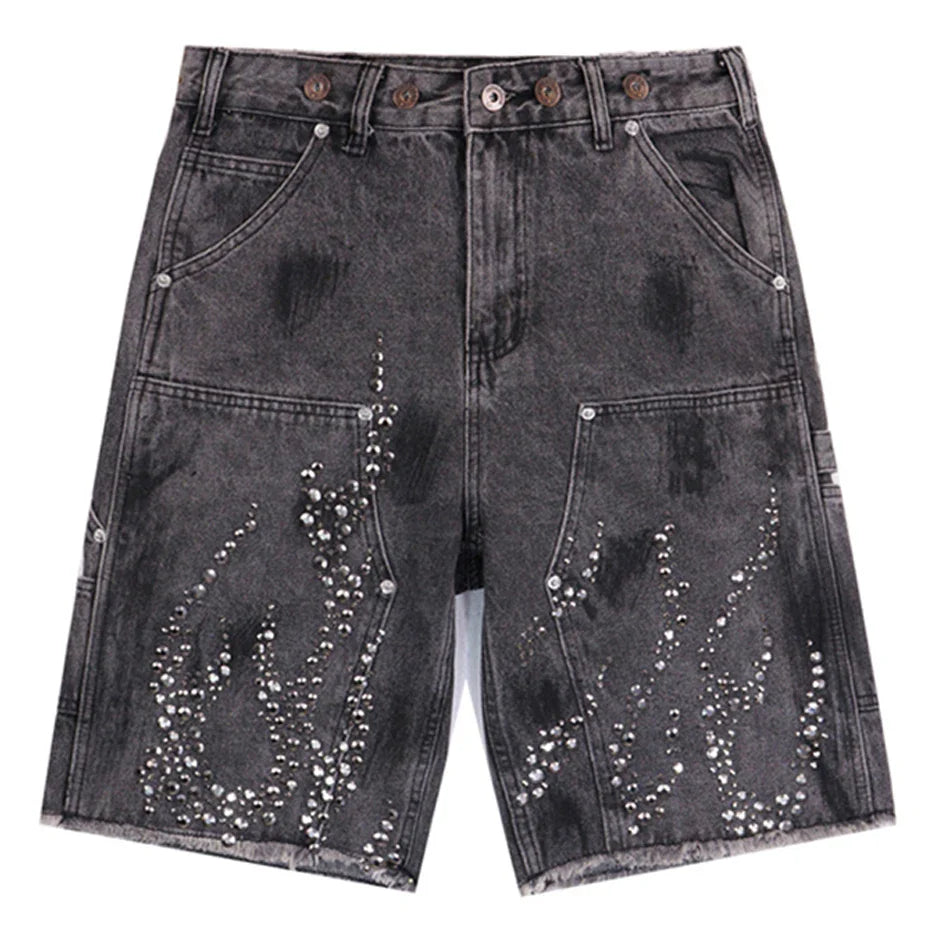 Fire Diamond Denim Rhinestone Shorts