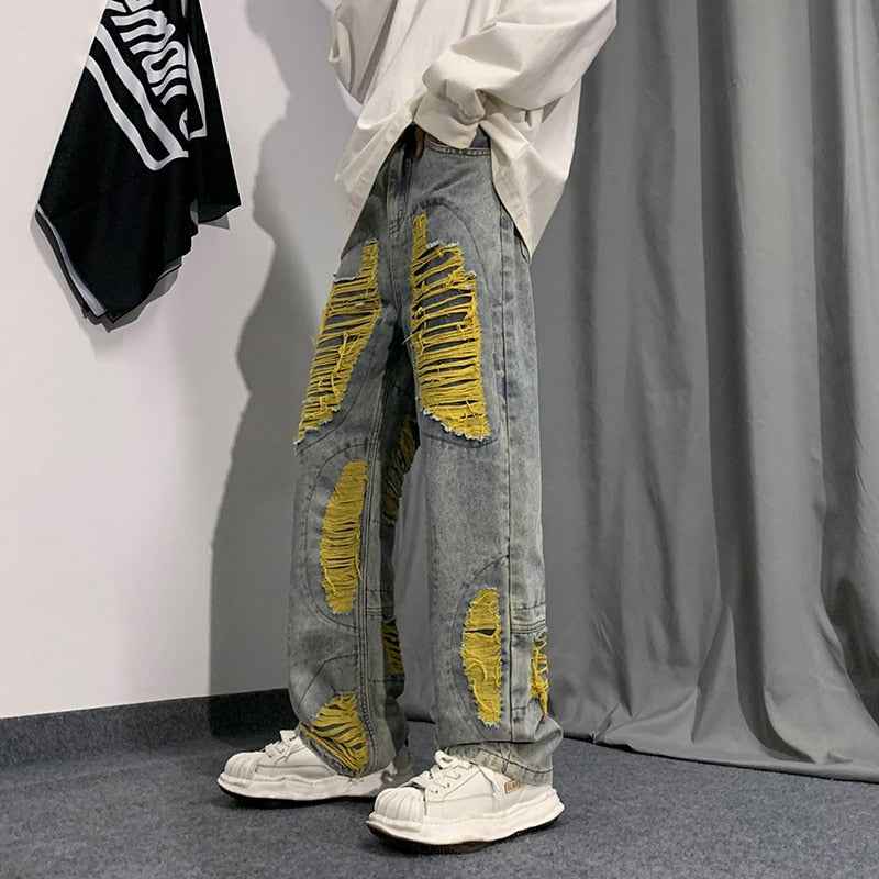 Denim Streetwear Ripped Patches Pants