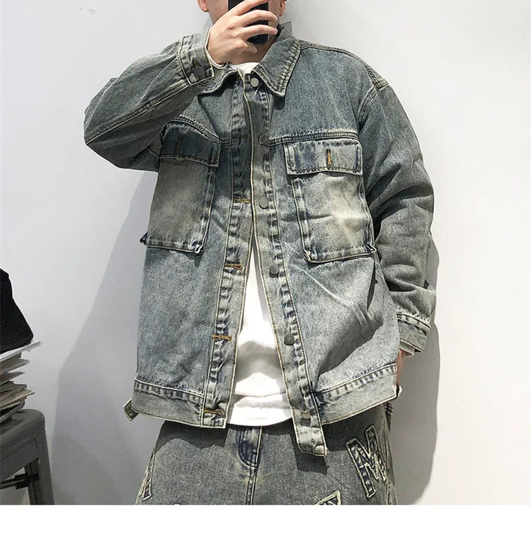 Tied Die Lapel Button Up Jean Jacket