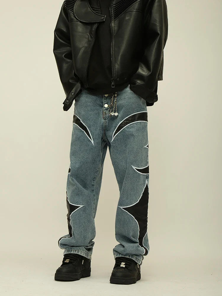Crescent Embroidery Patchwork Baggy Pants