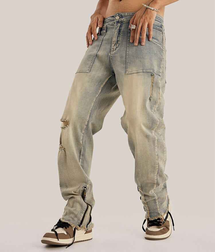 Retro Distressed Ankle Zipper Style Pants