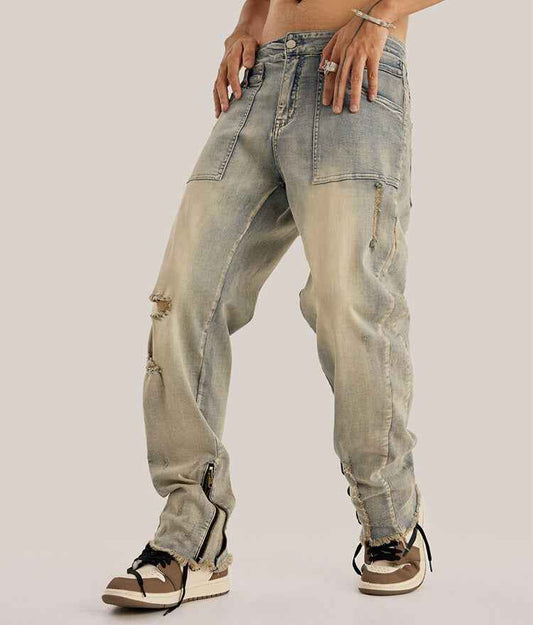 Retro Distressed Ankle Zipper Style Pants