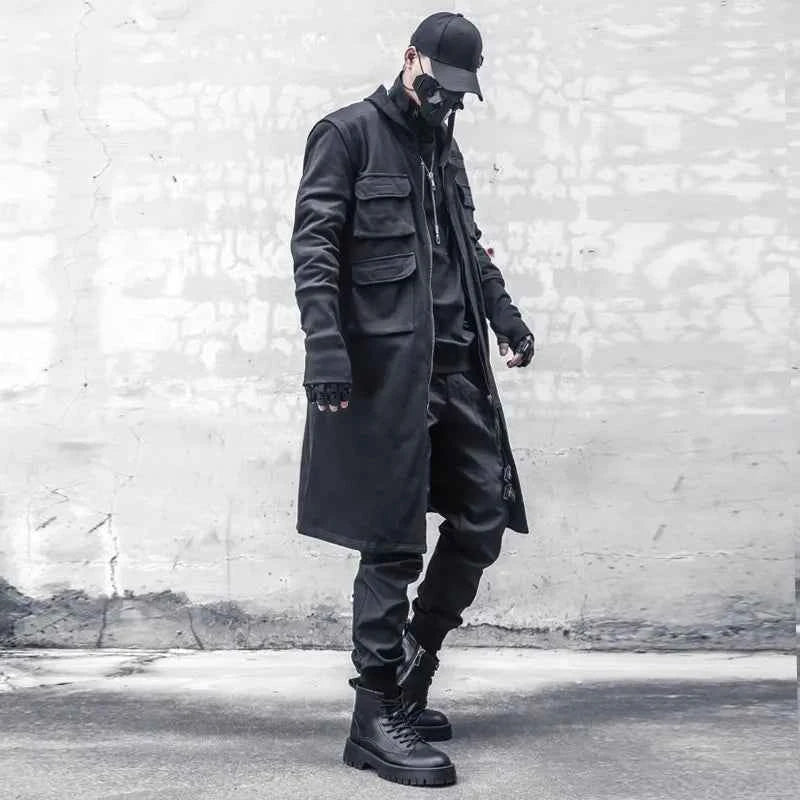 Blackish Gothic Long Trench Multi Pocket  Coat