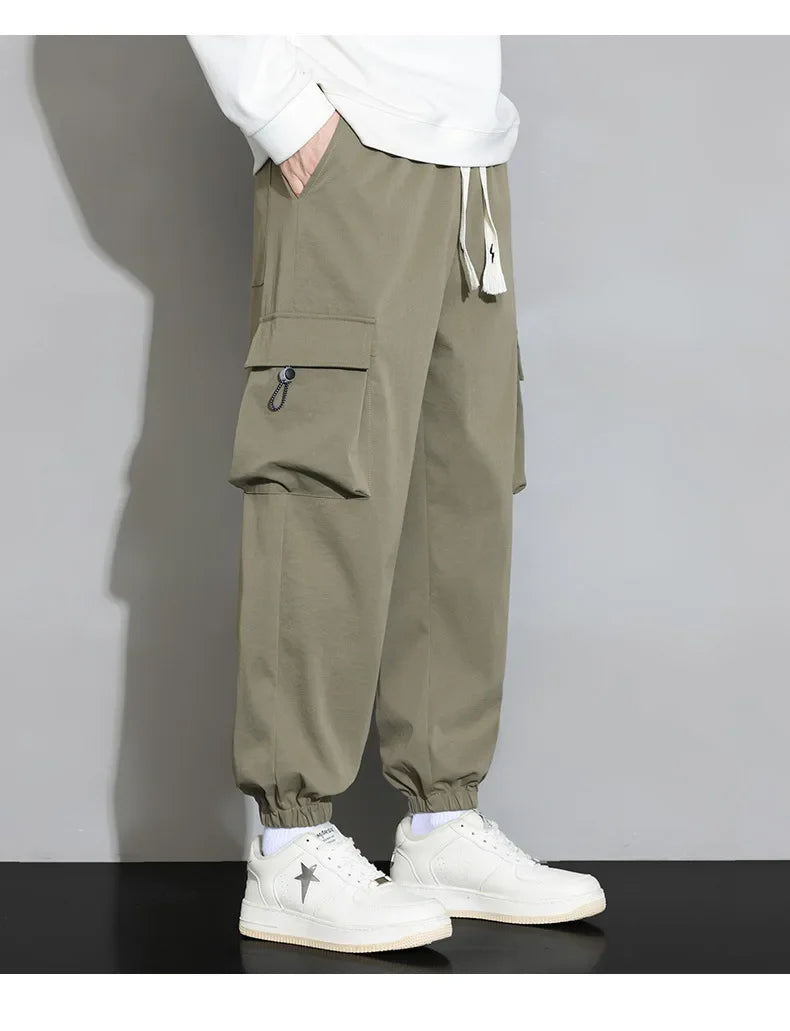 Plain Color Drawstring Knee Cargo Pocket Pants
