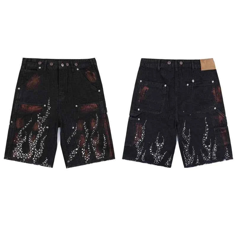 Fire Diamond Denim Rhinestone Graphic Short