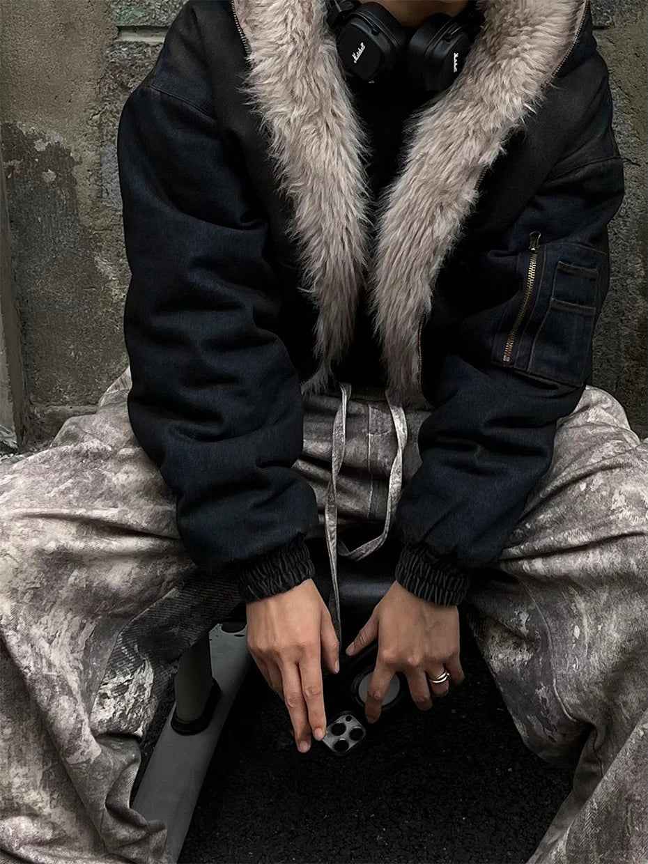 Coal Black Washed Fur Hooded Jacket