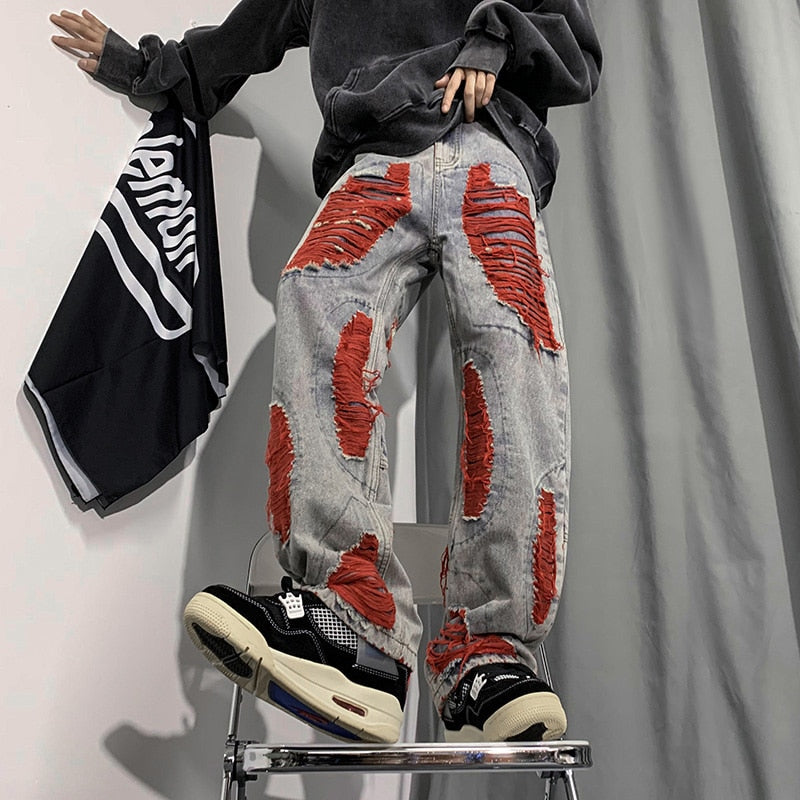 Denim Streetwear Ripped Patches Pants