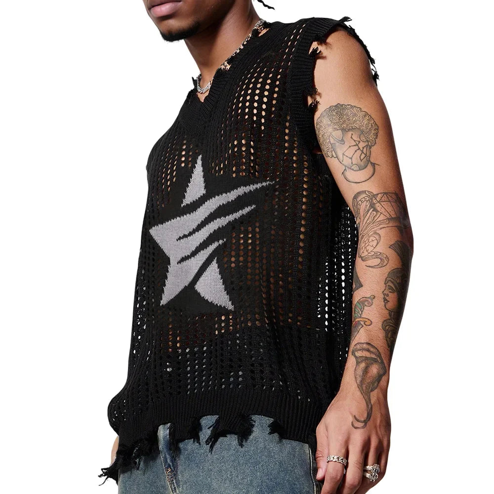 Solid Star Knitted Ripped Vest